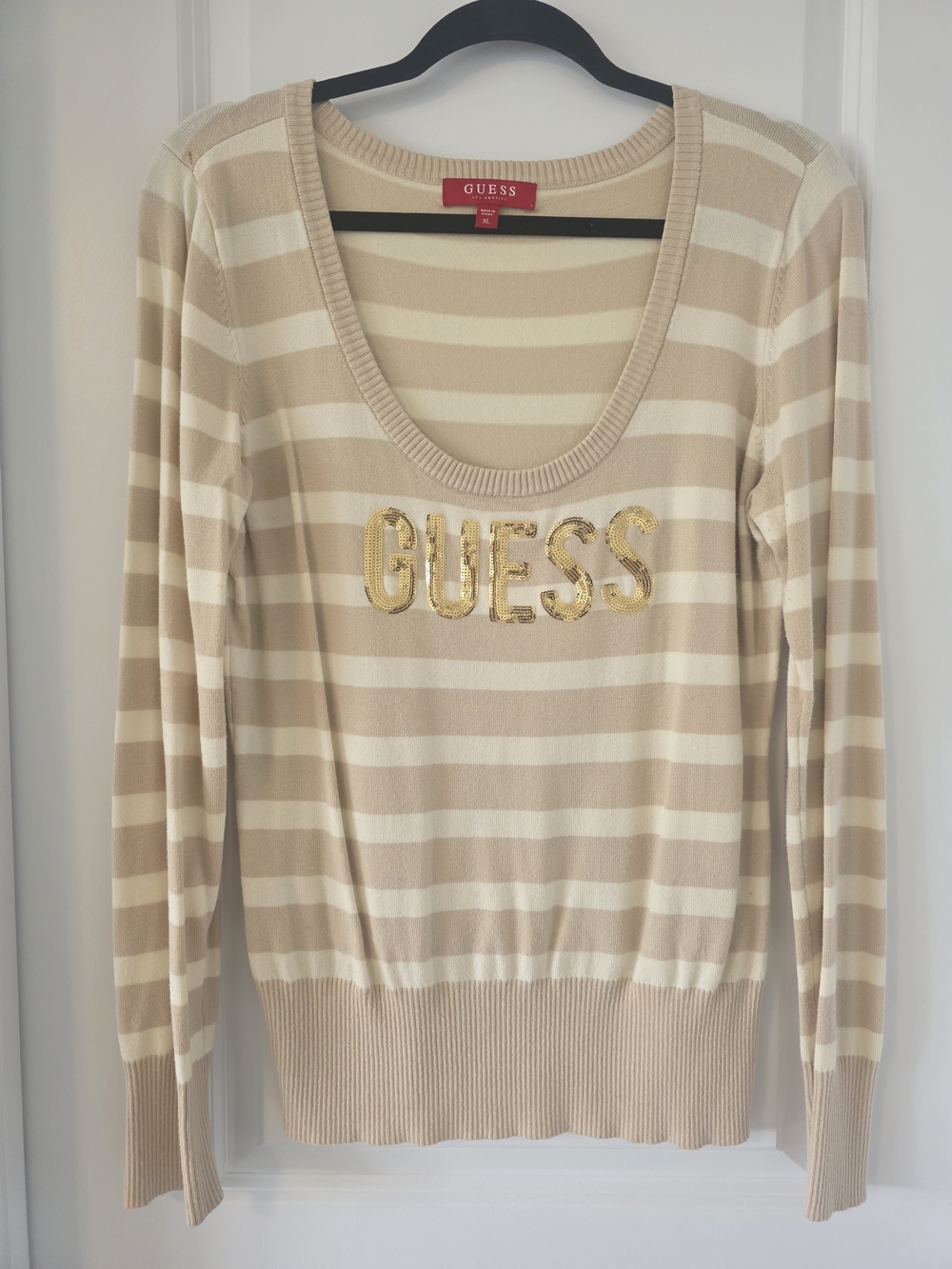 GUESS Beige & Cream Striped Scoop Neck Sweater with Gold Sequin Logo